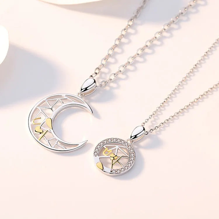 Sun Moon Tooth Couple Necklace with electroplated copper pendant and cross chain