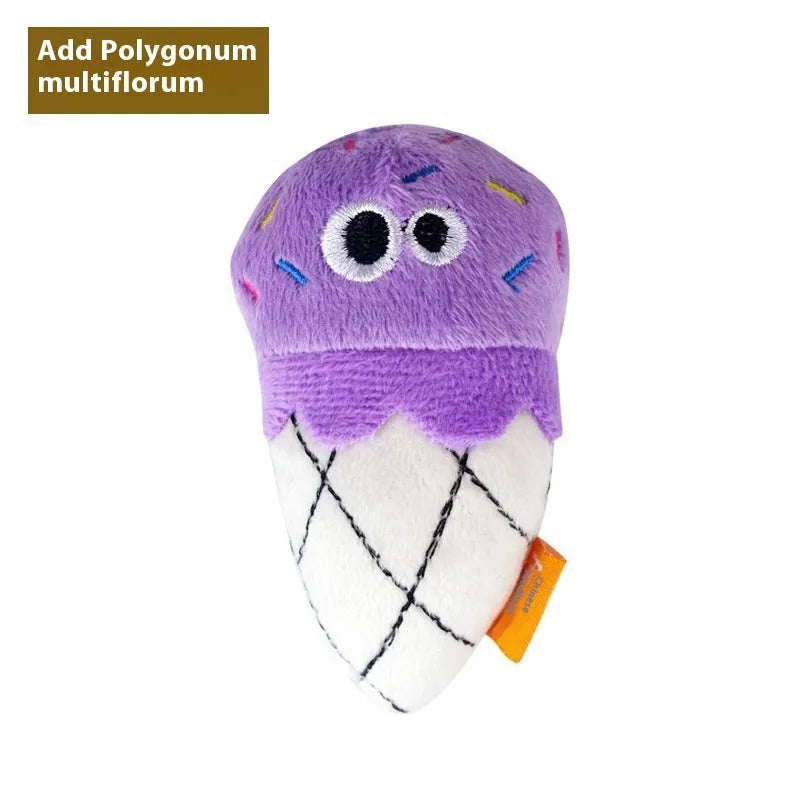 Six food-shaped catnip plush toys including burrito, cone, cucumber, mushroom, pineapple and pizza designs
