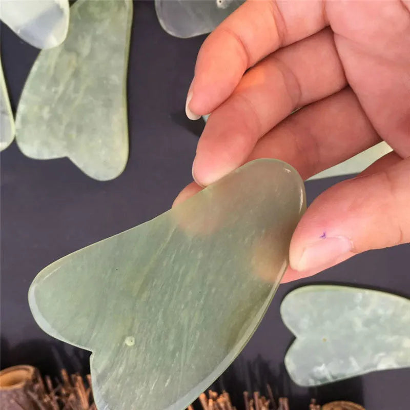 Natural jade gua sha scraping board 6.3cm by 4.5cm, about 0.4cm thick and 60g, in green and pink