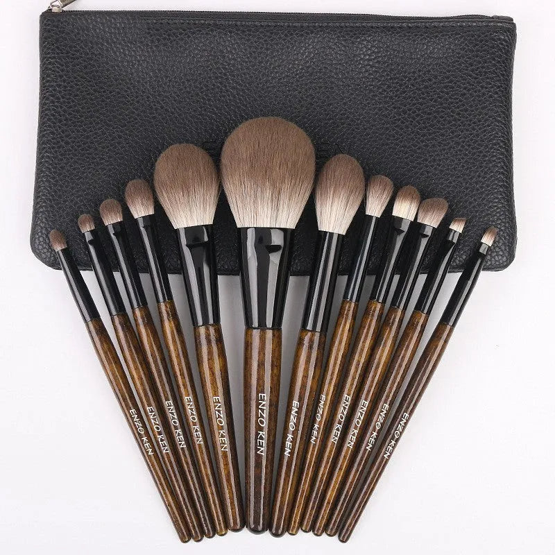 12-piece makeup brush set with wooden handles and portable black case