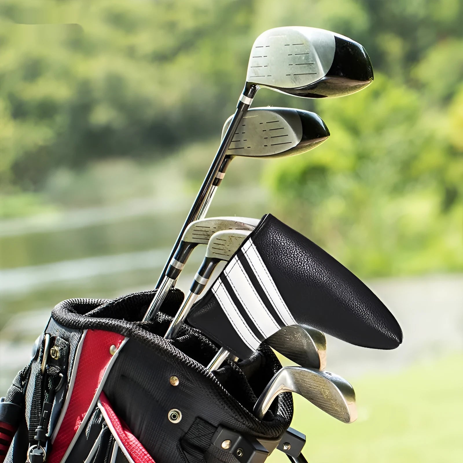 Black PU leather golf iron head cover and matching push rod sleeve case set.