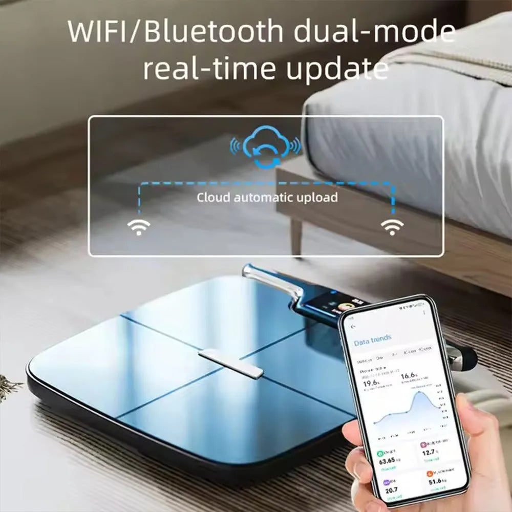 Black eight-electrode intelligent body fat and health monitoring scale on a floor.