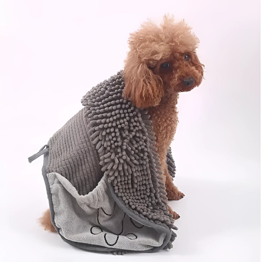 Grey chenille pet towel made from fibre for drying dogs and pets after a bath or swim