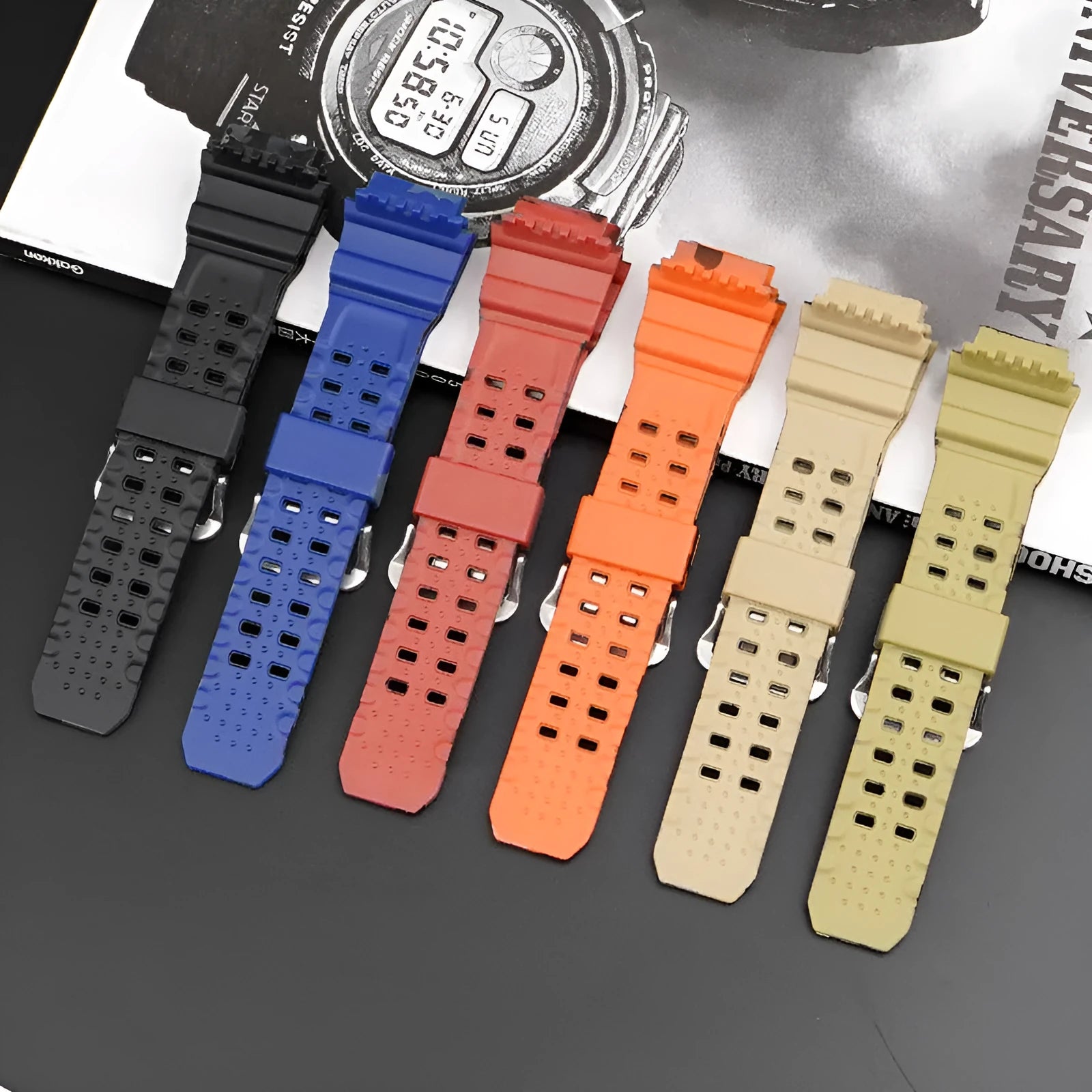 Camouflage patterned TPU watch strap with silver buckle, showing 12+7cm length.