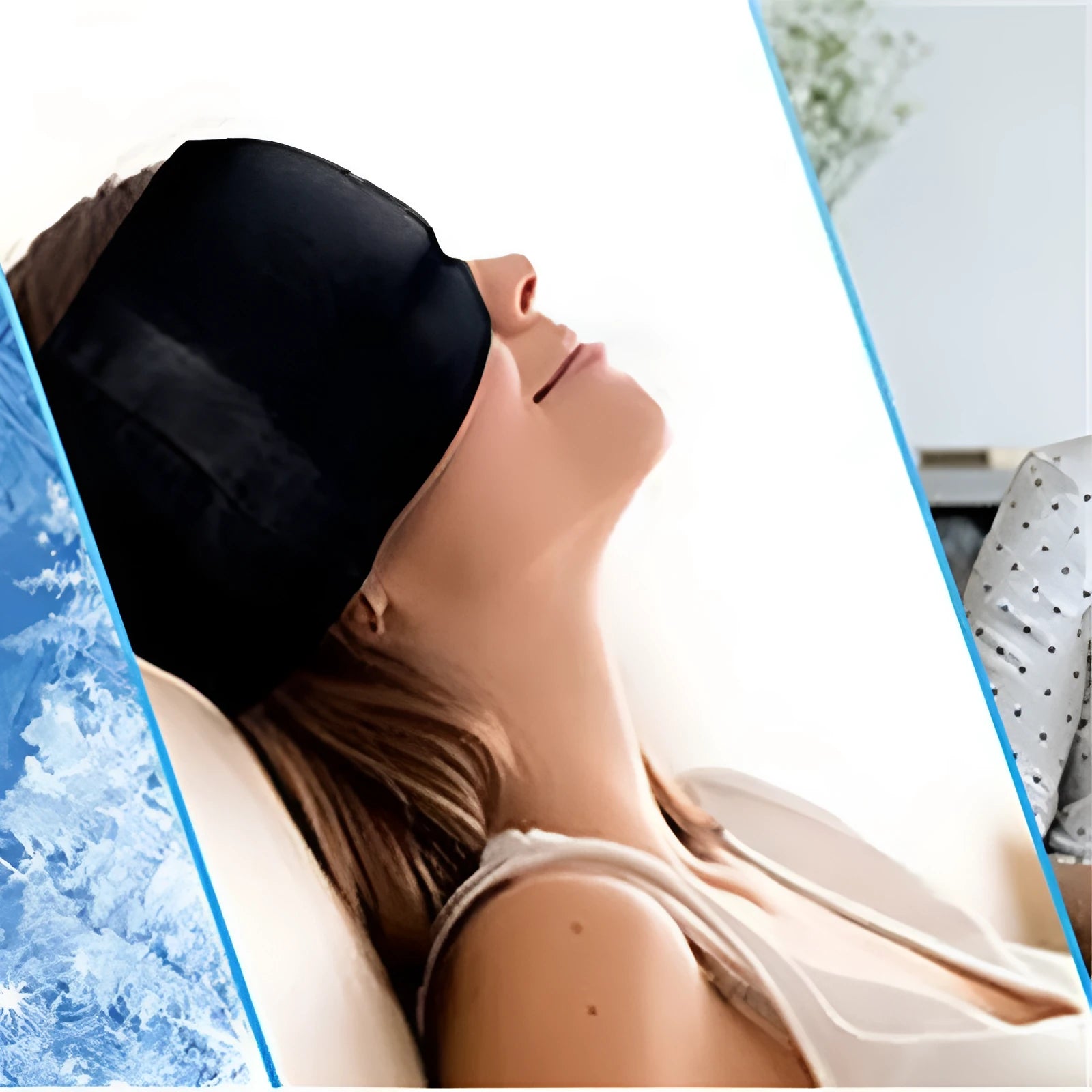 Black reusable ice gel eye mask for headache relief on adjustable elastic headband.