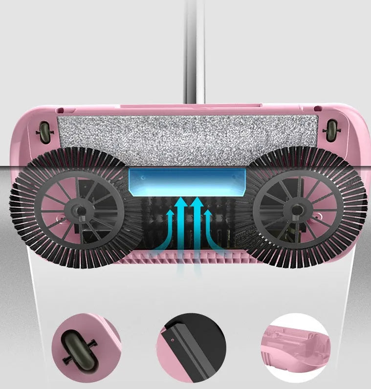 Hand push sweeper with broom, dustpan, and trash bin, 360 degree rotating brush, PP, powder colour, 102x33x16.3 cm