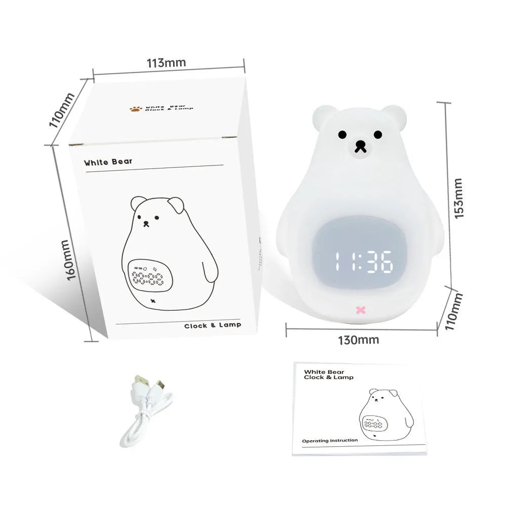 White silicone bear-shaped night light with colour-changing lights and a remote control.