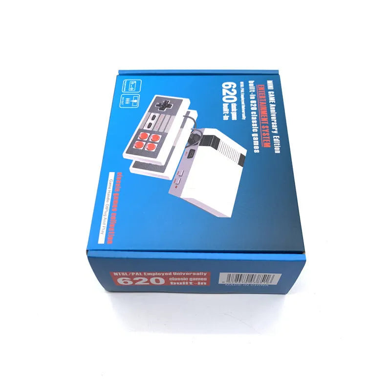 NES 8-bit mini game console with two controllers, AV cable, and power supply in compact 18cm retro design