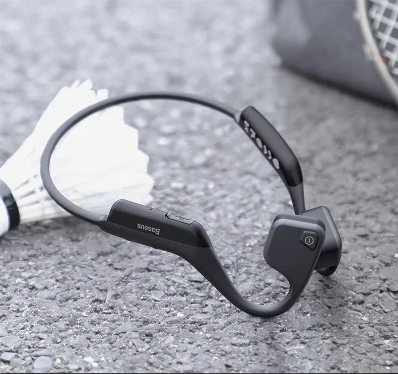 Black stereo waterproof wireless running headphones with Bluetooth 5.0 and hanging ear design