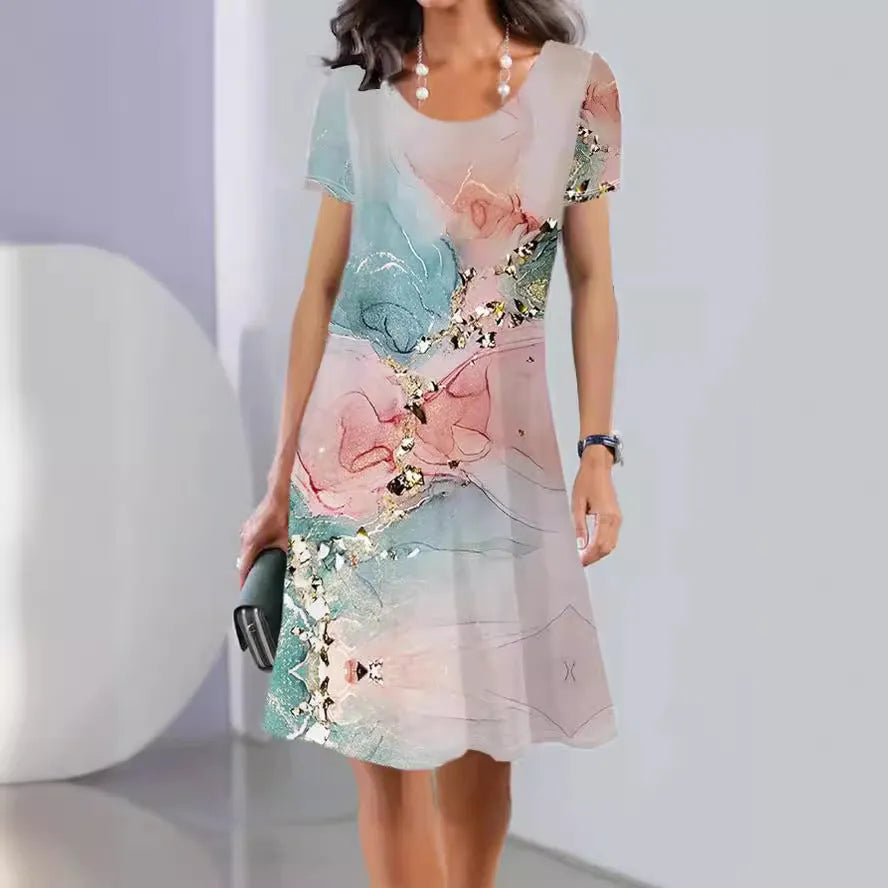 Women's floral print ice silk summer dress with short sleeves and A-line midi skirt.