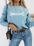 Blue pullover sweater with embroidered lettering crew neck design street fashion knitwear
