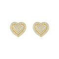A pair of simple gold-tone heart-shaped stud earrings with a moissanite stone, shown from the front.