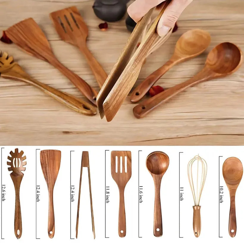 7-piece wooden cooking utensil set for non-stick pans with spoon shovel and six additional tools