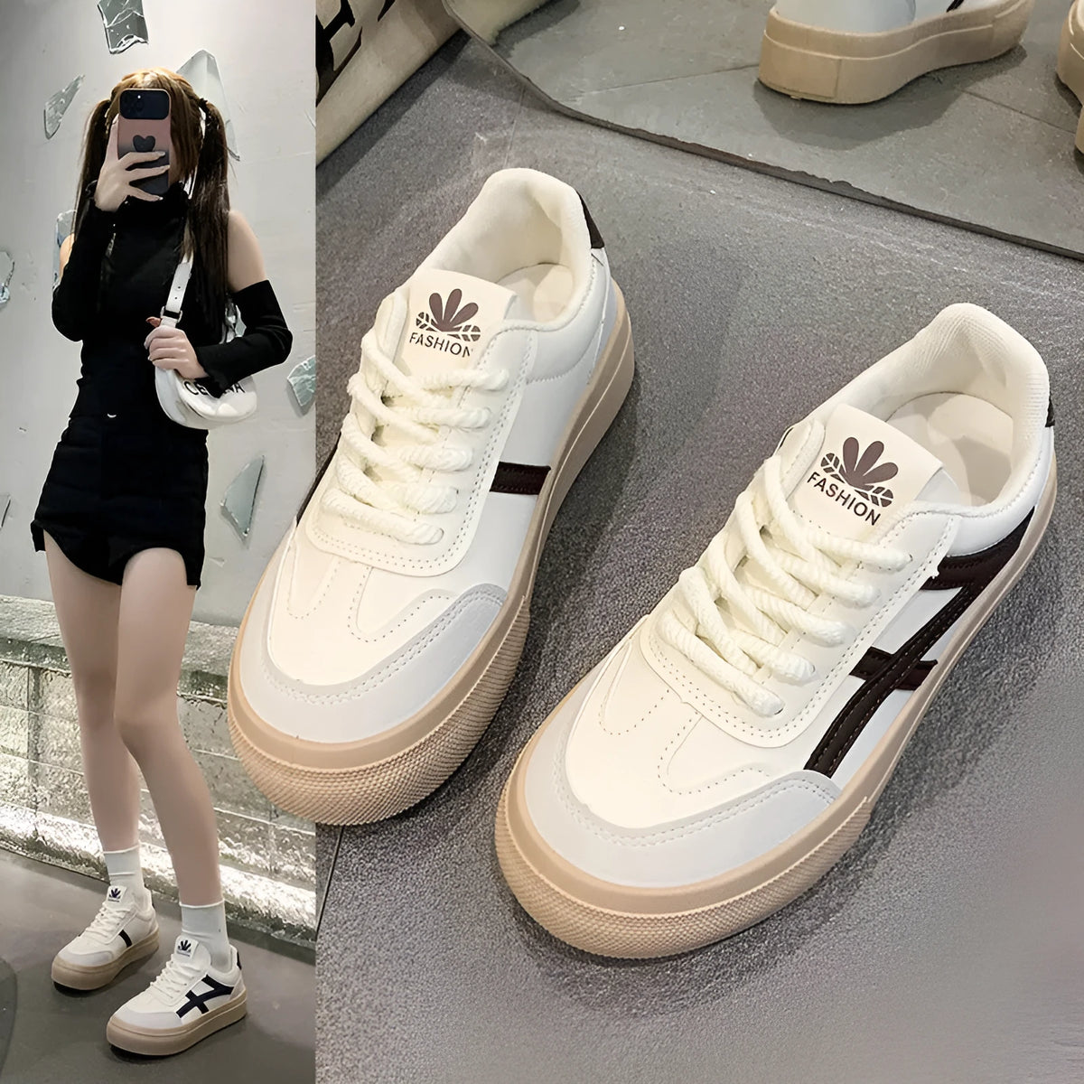 Brown and blue low-top casual lace-up shoes with a patent leather-look finish and flat rubber sole.