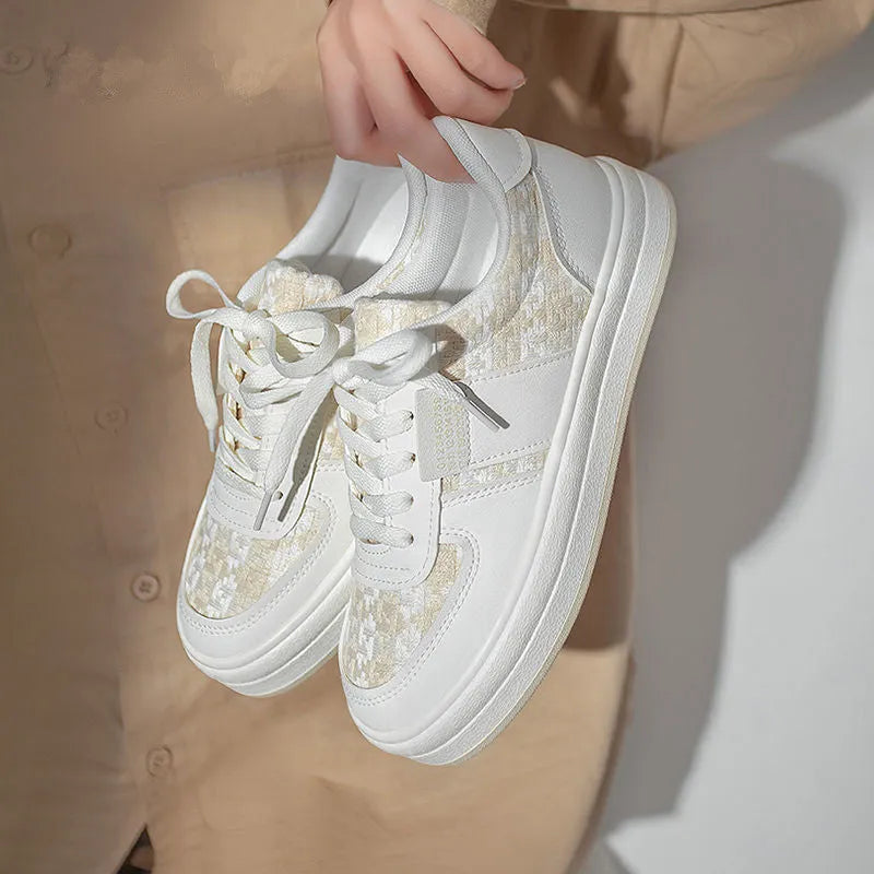Beige plaid platform leisure sports shoes with round toe and white rubber sole.