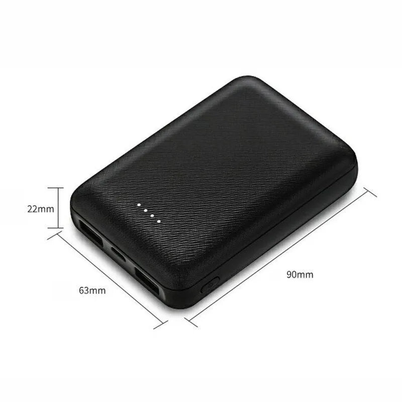 Ultra-thin black or white power bank showing multiple USB ports and 10,000mAh capacity