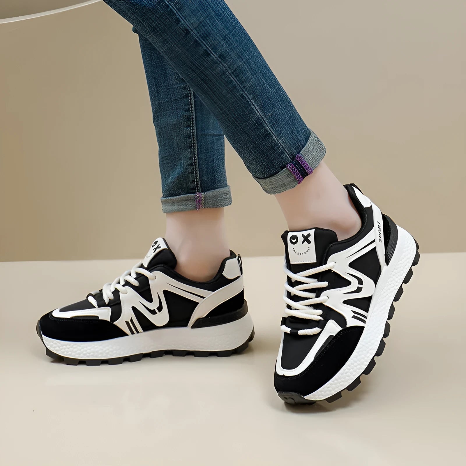 Women's black platform casual shoes with lace-up front and flat heel
