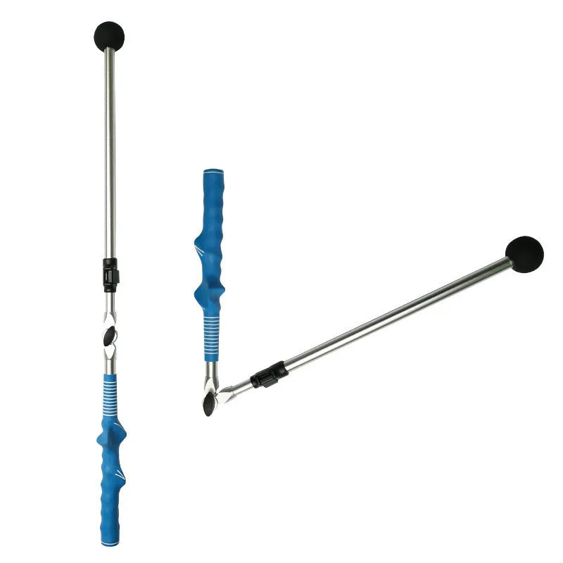 Golf folding swing trainer with aluminium shaft and rubber grip, extendable from 79cm to 110cm, in black or blue