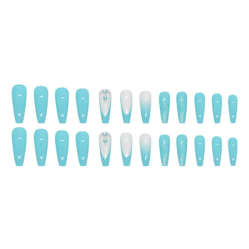 Long oval ballet false nail art patches with a solid smart blue diamond design and glue bottle.