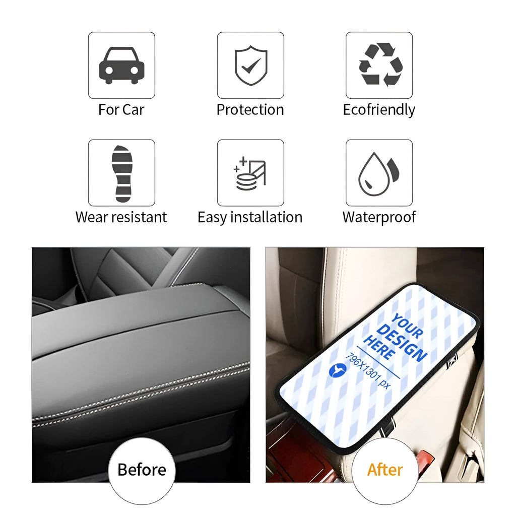 Black neoprene car armrest box cushion with non-slip bottom and elastic band, one size, covering centre console