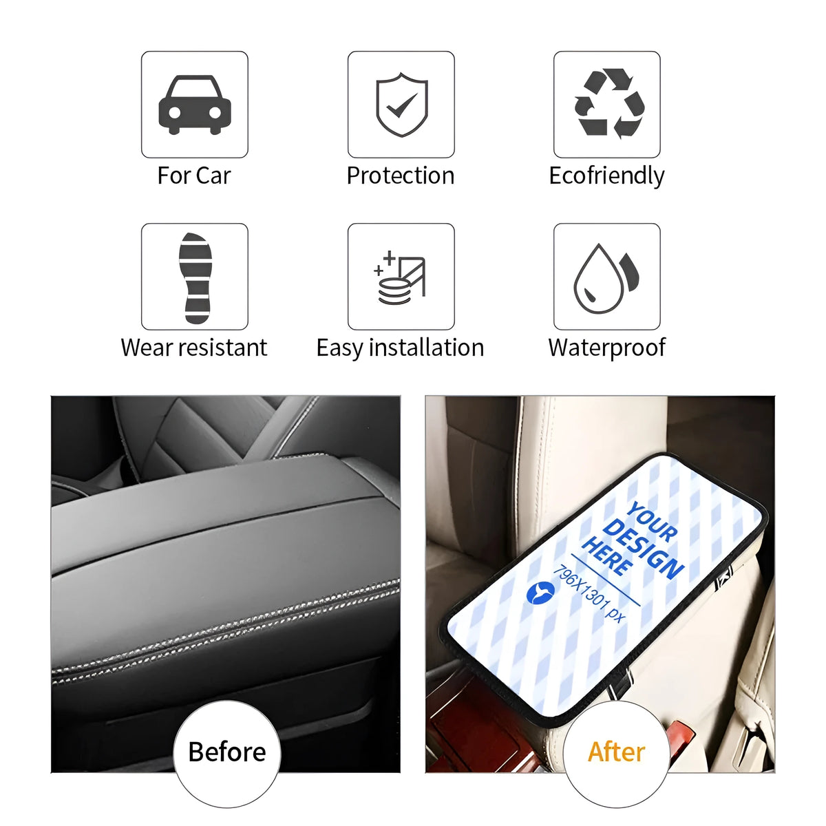 Black neoprene car armrest box cushion with non-slip bottom and elastic band, one size, covering centre console