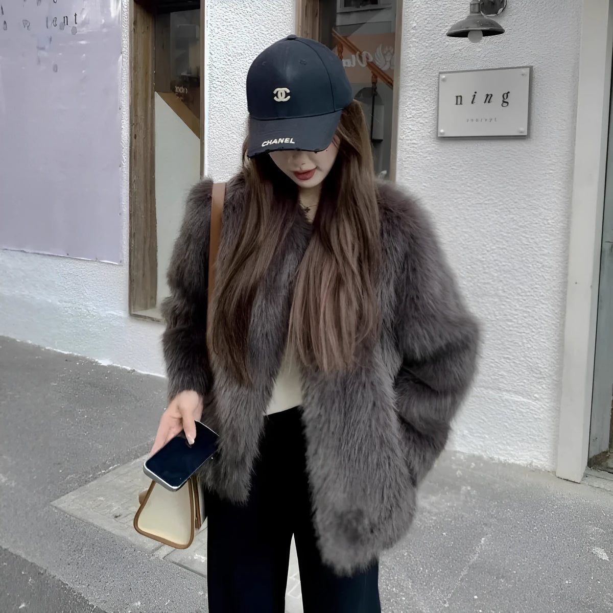 Women's furry chenille coat with princess sleeves, 50cm length, brown or black, sizes S to L