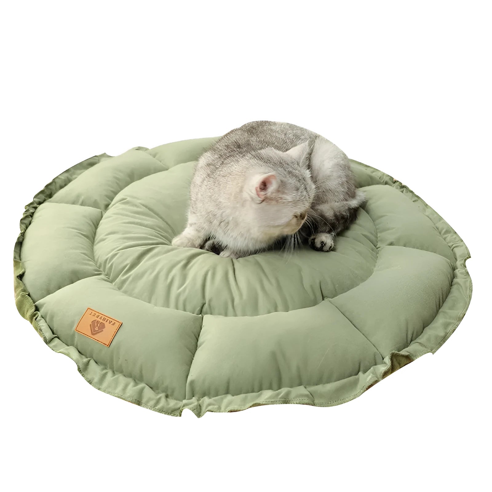 Grey and green reversible donut pet bed for cats and small dogs showing dual sleeping surfaces