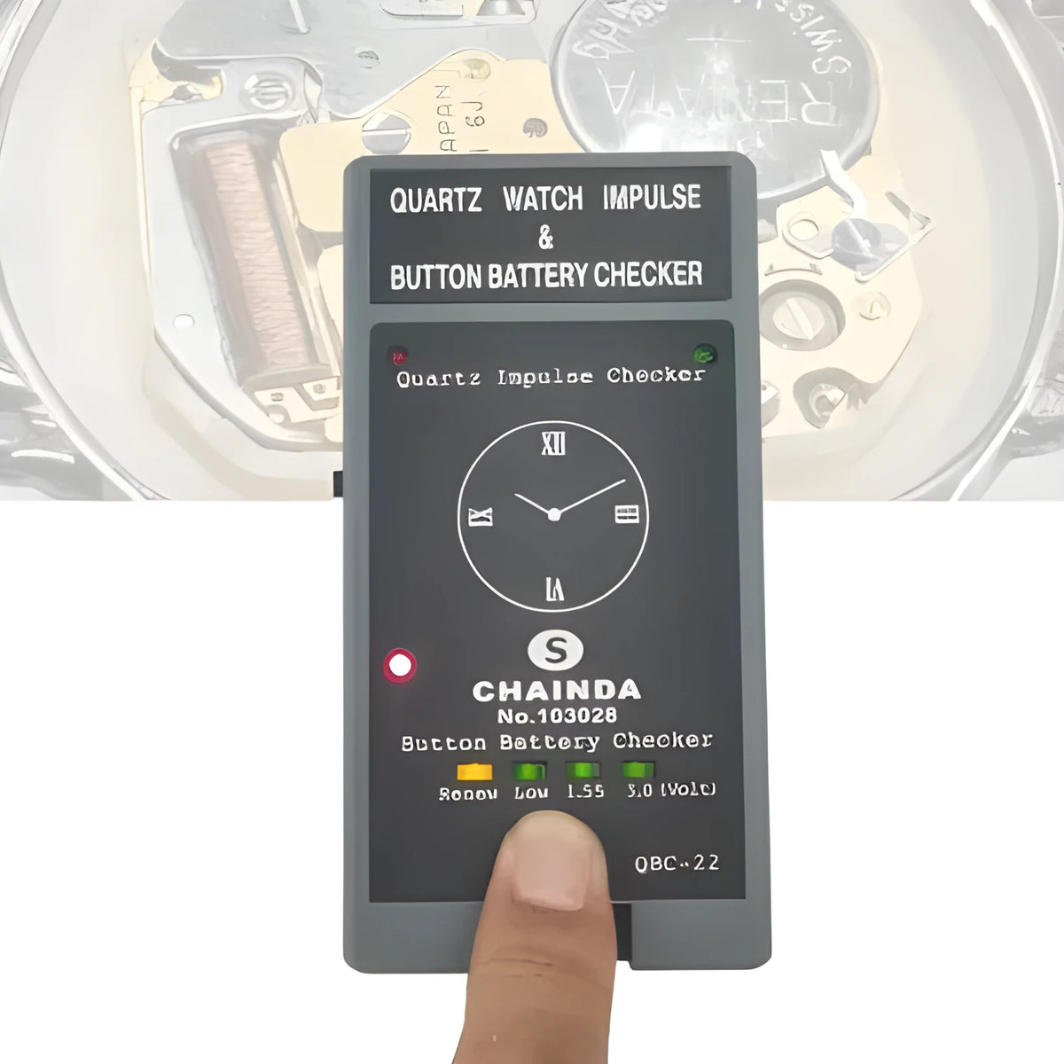 QBC-22 quartz watch movement detector tester with ABS body, 120 x 63 x 18mm size and 80g weight