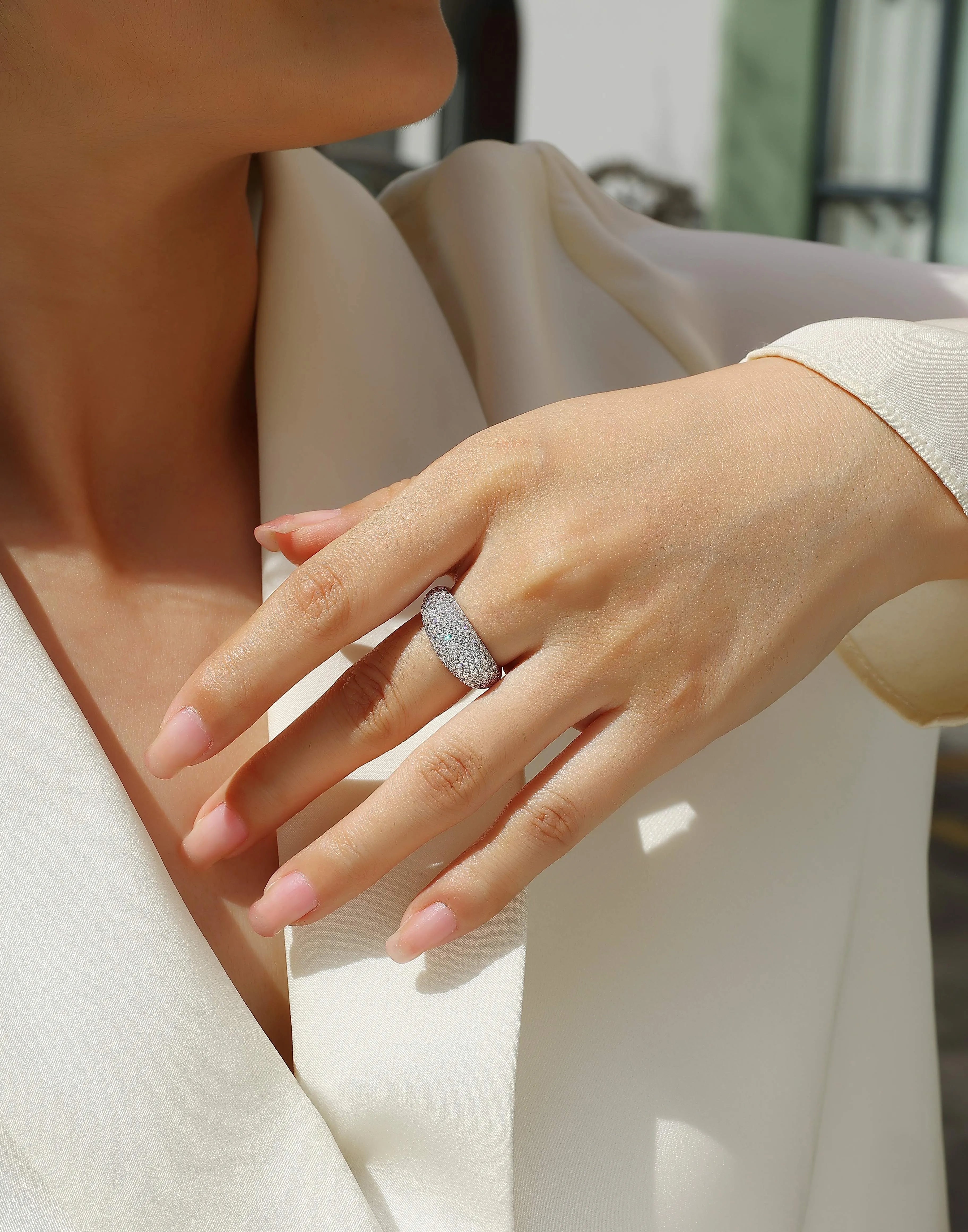 Moonlit Night Stars moissanite wedding ring set in S925 silver with platinum plating on white background