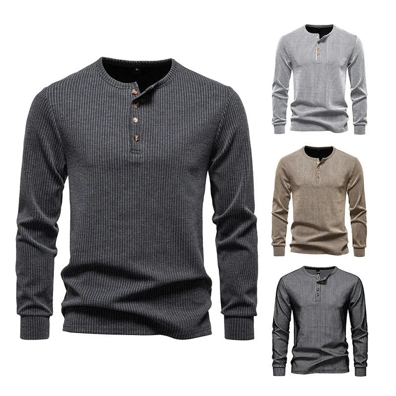 Men's striped long sleeve slim fit T-shirt in white, dark gray, black or khaki, sizes S to 2XL