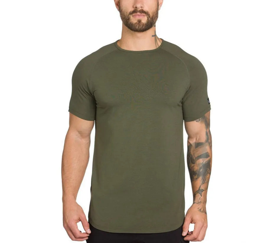 Custom mens gym shirt in cotton-spandex blend showing colour options and plain design for sports wear