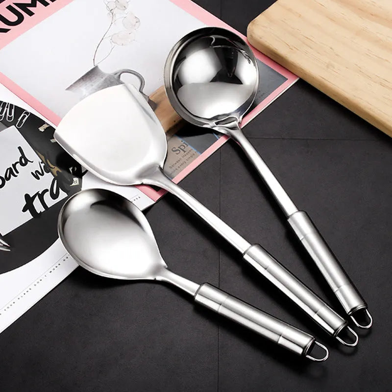 6 piece stainless steel kitchenware set with anti-scalding handles, including shovel, soup spoon, colander, frying shovel, rice spoon and vermicelli