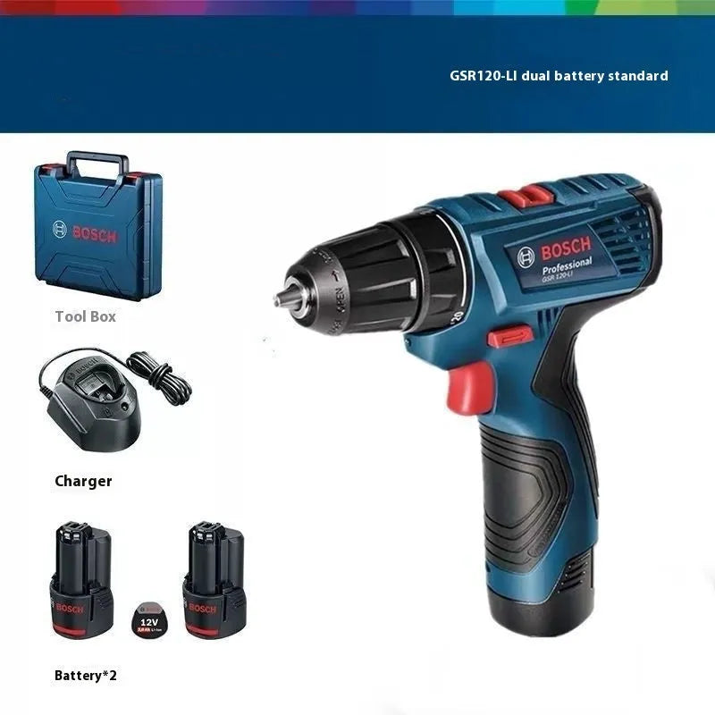 Cordless electric drill and screwdriver with 10mm chuck, 1300 rpm, two batteries and instruction manual.