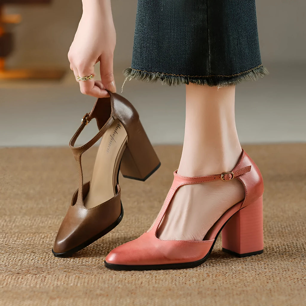 Baotou hollow retro pointed toe Mary Jane shoes in dark brown with buckle fastening