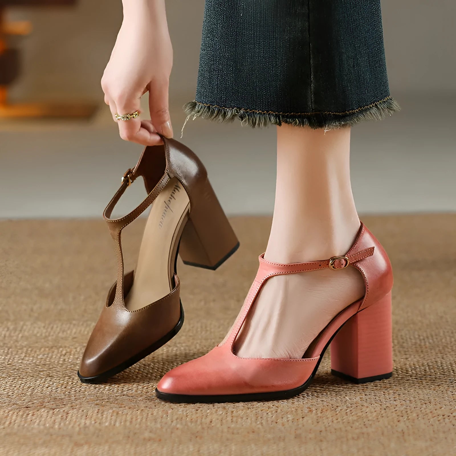 Baotou hollow retro pointed toe Mary Jane shoes in dark brown with buckle fastening