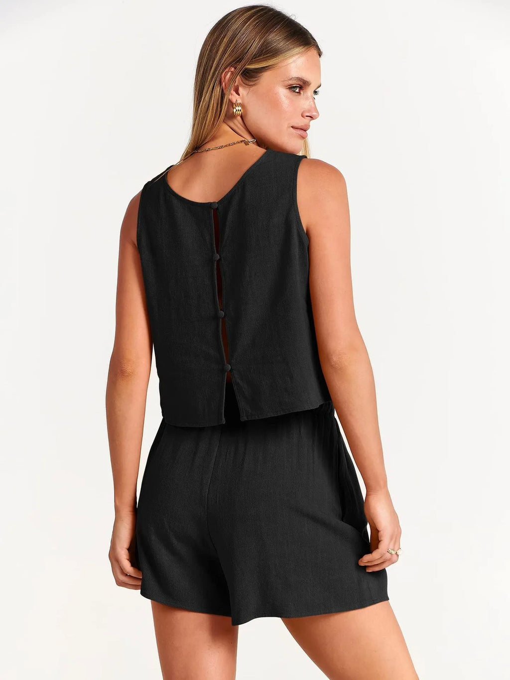 Women's two-piece summer set with sleeveless top and drawstring shorts in rayon linen blend available in multiple solid colours
