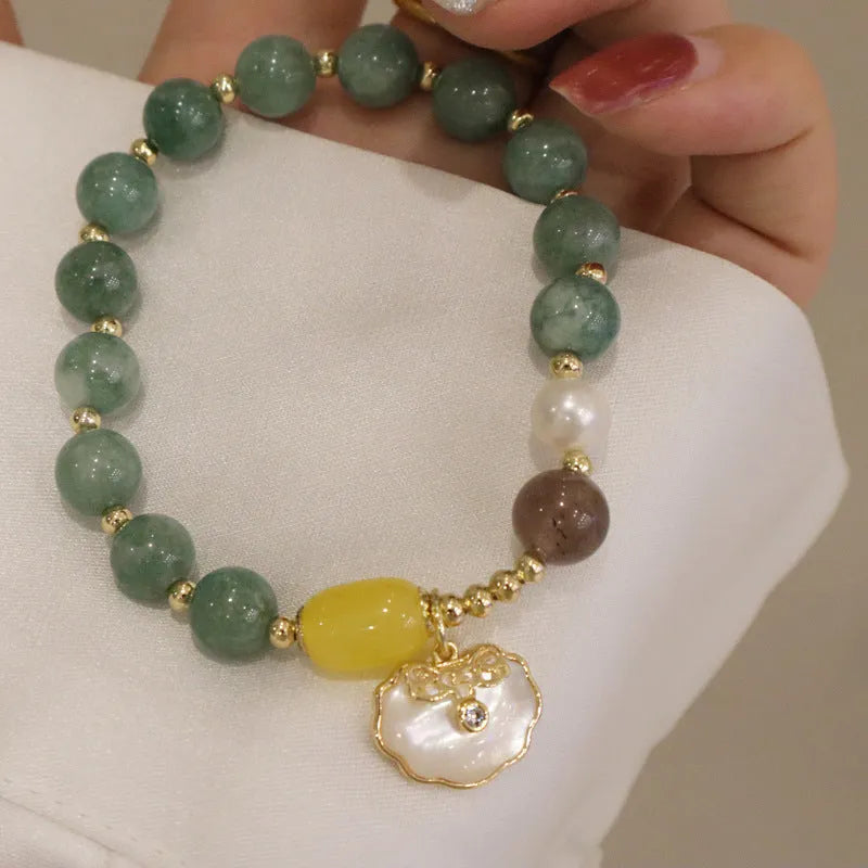 Natural green jade shell bracelet on adjustable cord for women's casual jewellery