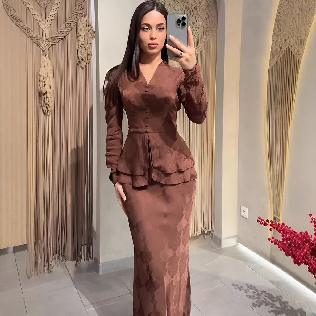 Dark brown artistic retro women's dress with floral patterns, fake two-piece design, and long sleeves