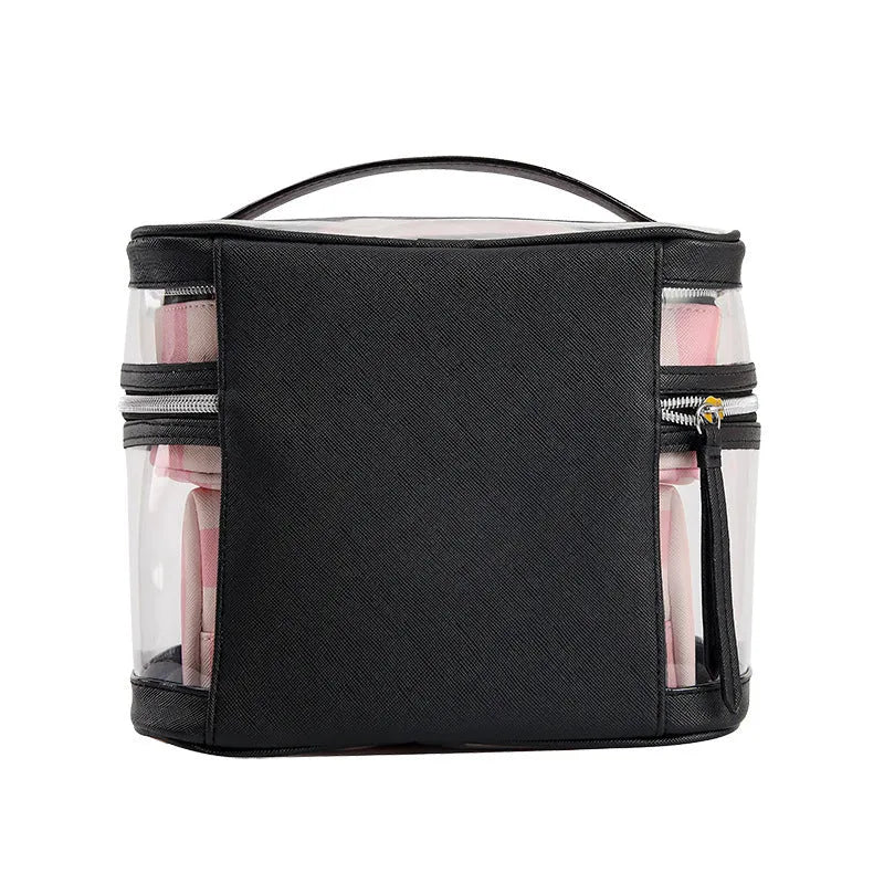 Pink bold stripes buggy bag makeup kit with flower pattern and folding design