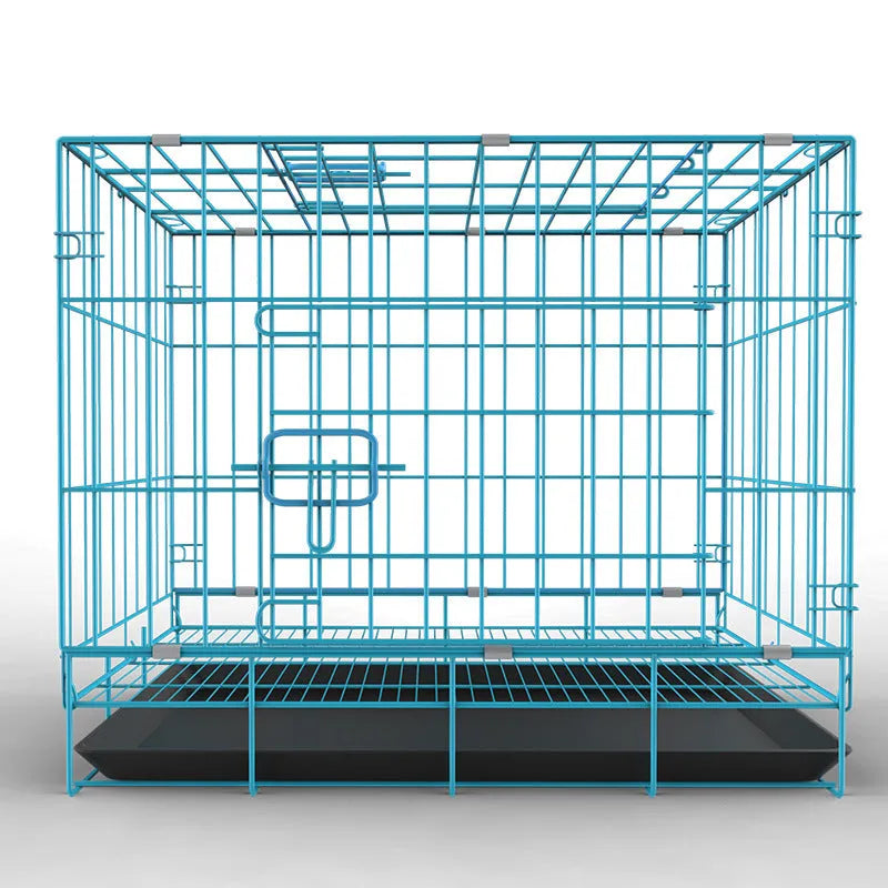 Folding iron wire pet cage in black, blue, or pink, available in five sizes from 35x25x33cm to 85x60x70cm