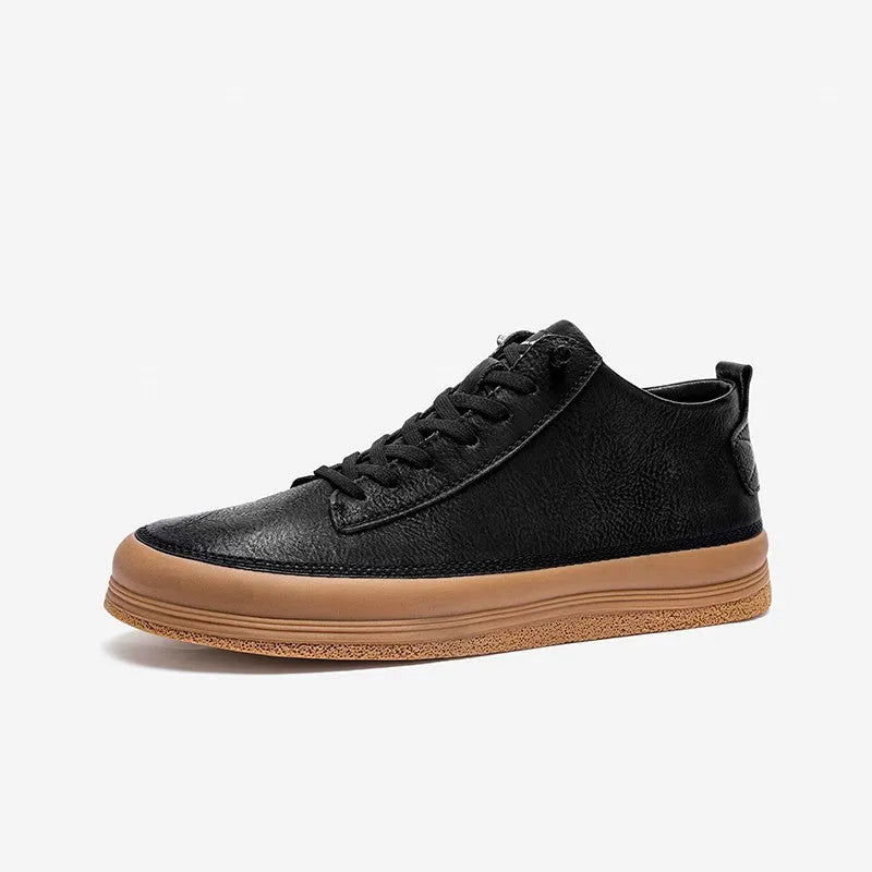 Men's black leather casual shoes with lace-up closure and round toe design