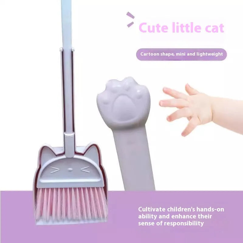 Purple broom and dustpan set with rotating brush holder on white background