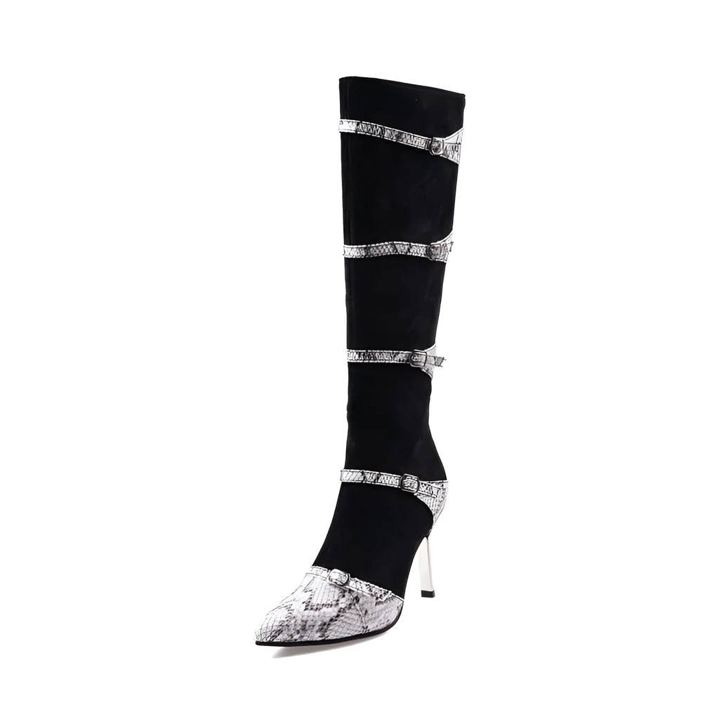 Women's black knee high boots with thin high heels and velvet lining