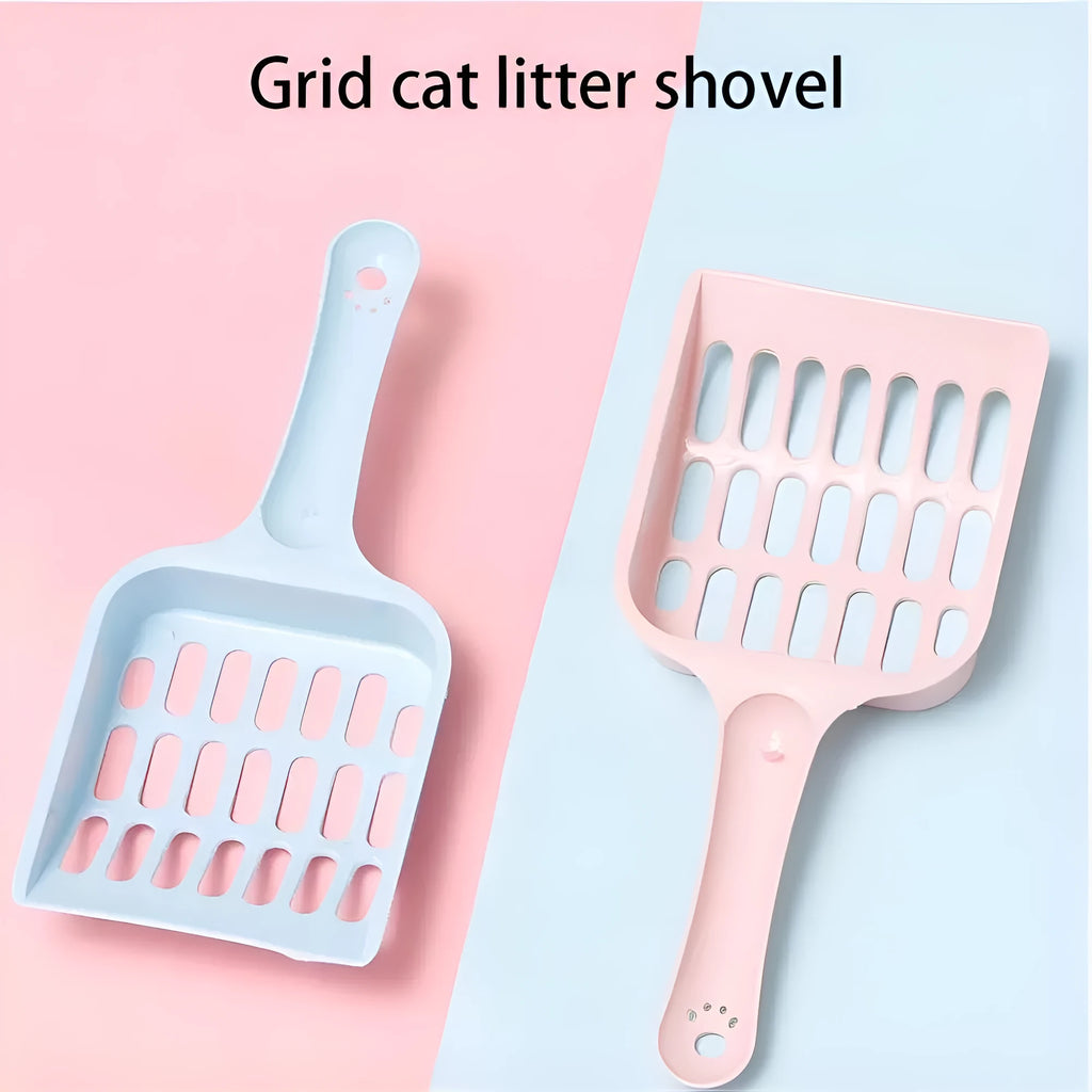 Blue plastic cat litter scoop showing length and sieve pattern for cleaning litter trays.