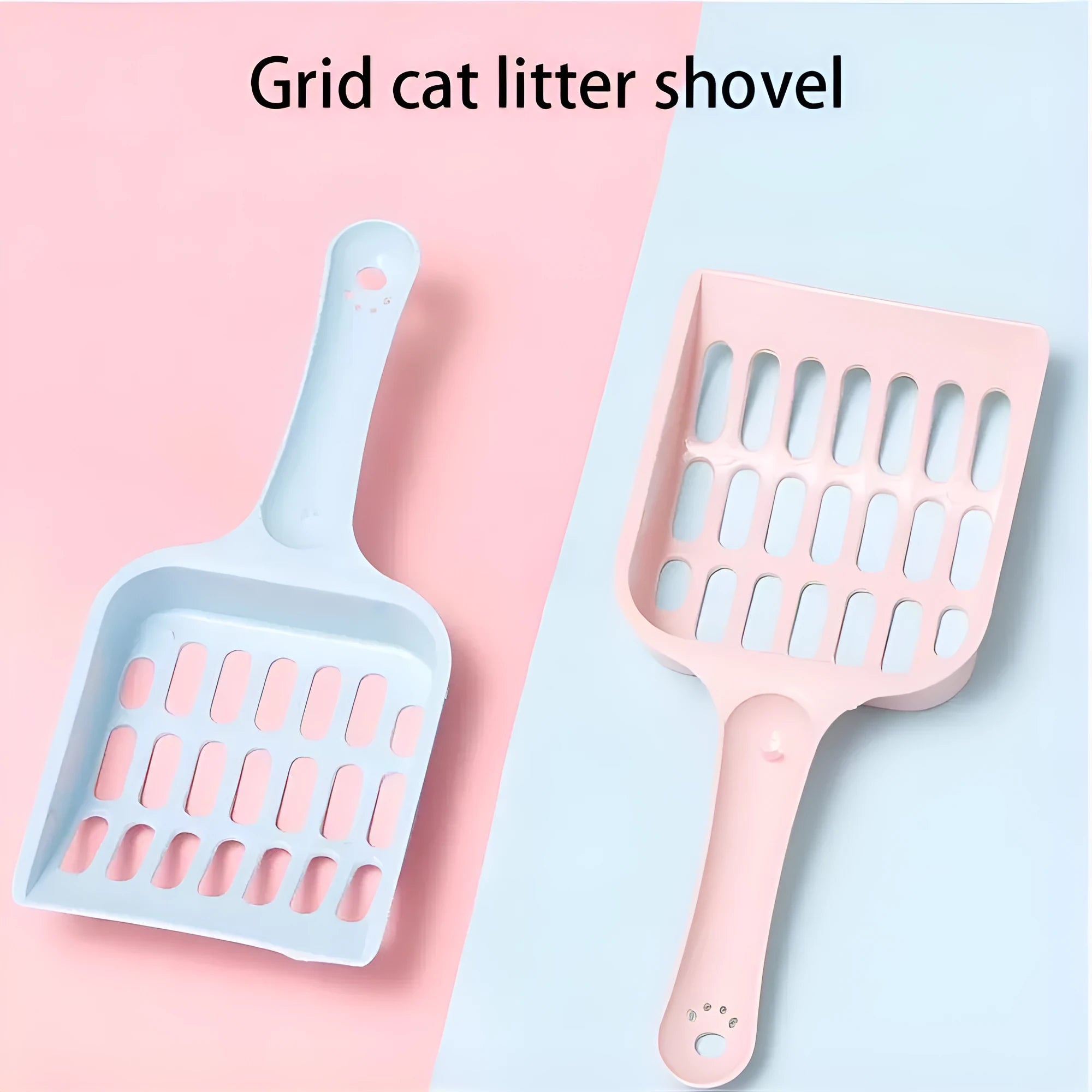 Blue plastic cat litter scoop showing length and sieve pattern for cleaning litter trays.