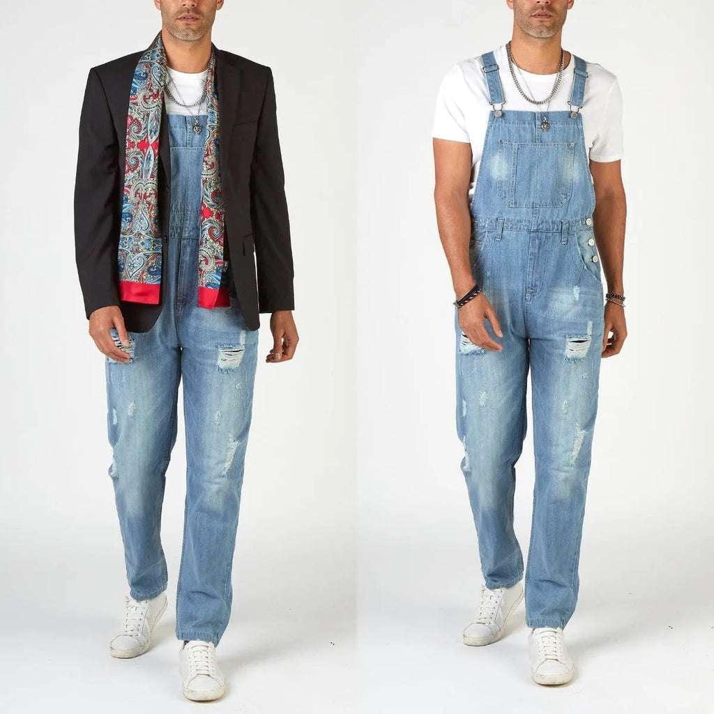 Light blue ripped men's jeans with suspenders, high waist, and straight leg opening.
