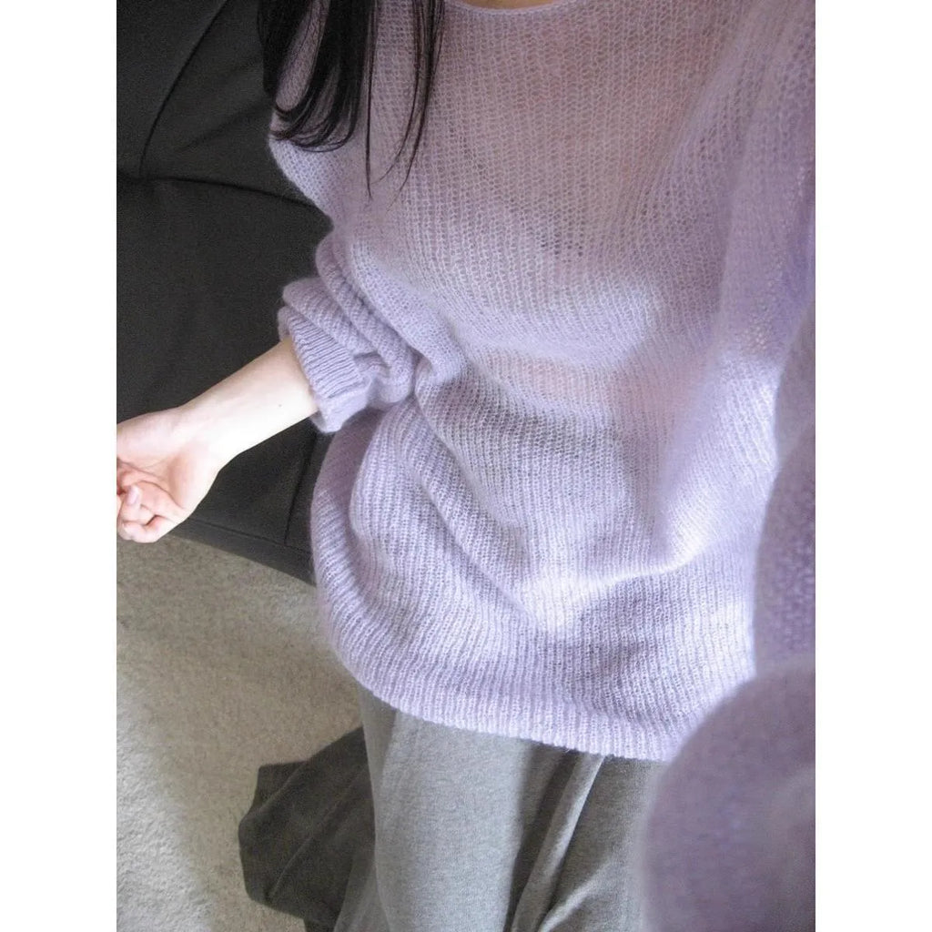 Purple women's round neck blouse with princess sleeves and hollow out details made from ice silk fabric