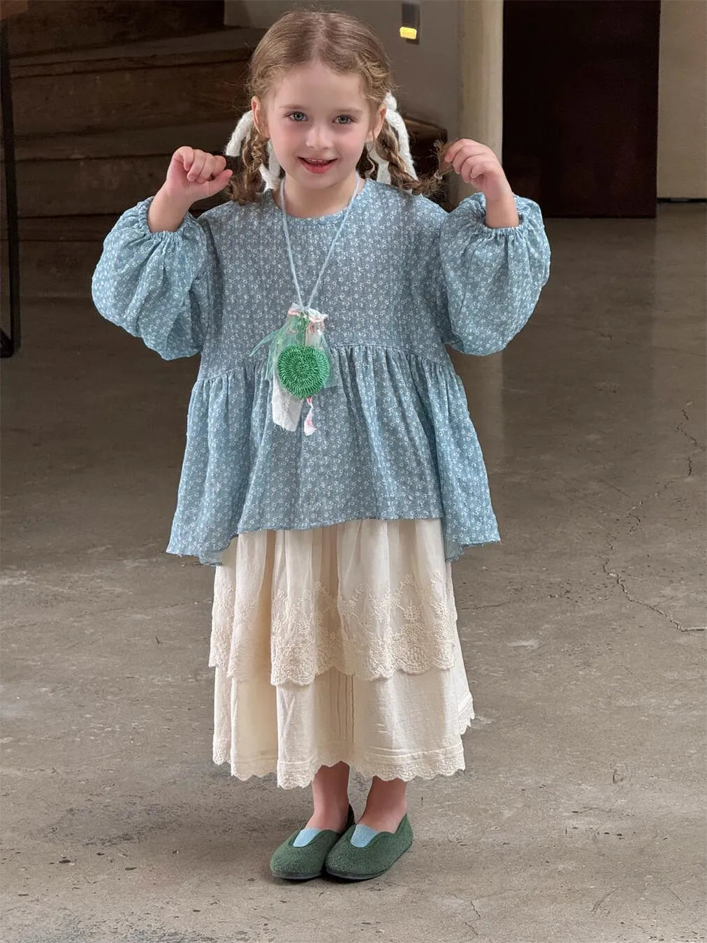 Blue cotton round neck doll shirt with floral pattern for girls long sleeves