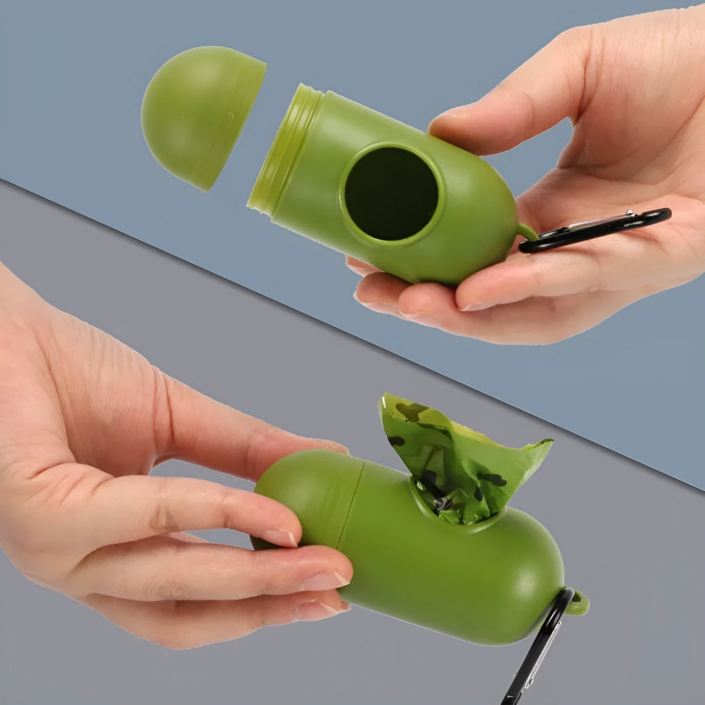 Army green degradable dog poop bags with black bone print design showing roll configuration