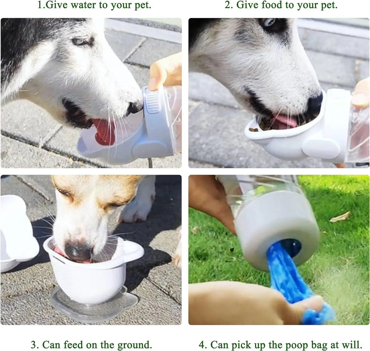 Green pink and white 3-in-1 portable pet water bottle with food container and waste bag dispenser
